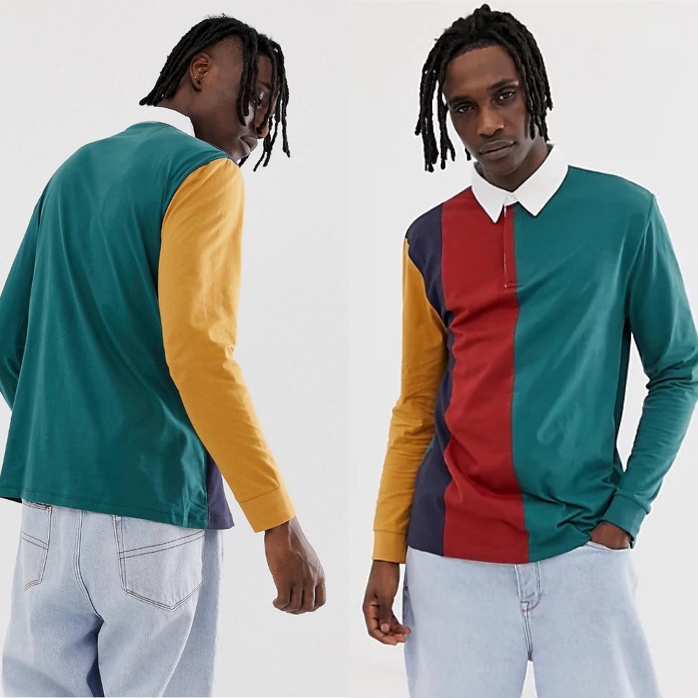 Long Sleeve Colorblock Polo Shirt in Teal, Mustard & Red